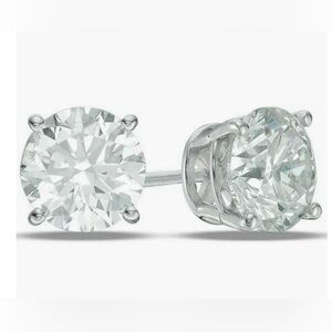Diamond Stud Earring Pair Brilliant Round Cut 2 Karats Total 14 K White Gold